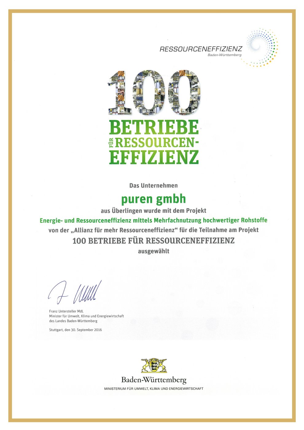 Urkunde für puren - 100 Betriebe für Ressourceneffizienz